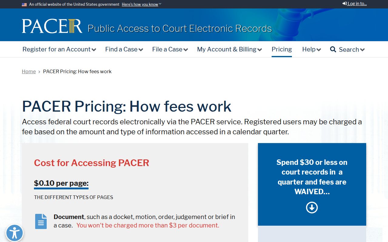Official PACER fee information for federal cases involving Cottage Grove