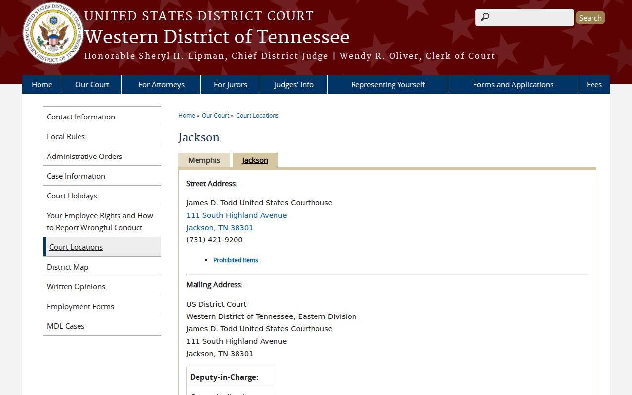 Western District of Tennessee Jackson courthouse information for federal cases from Cottage Grove