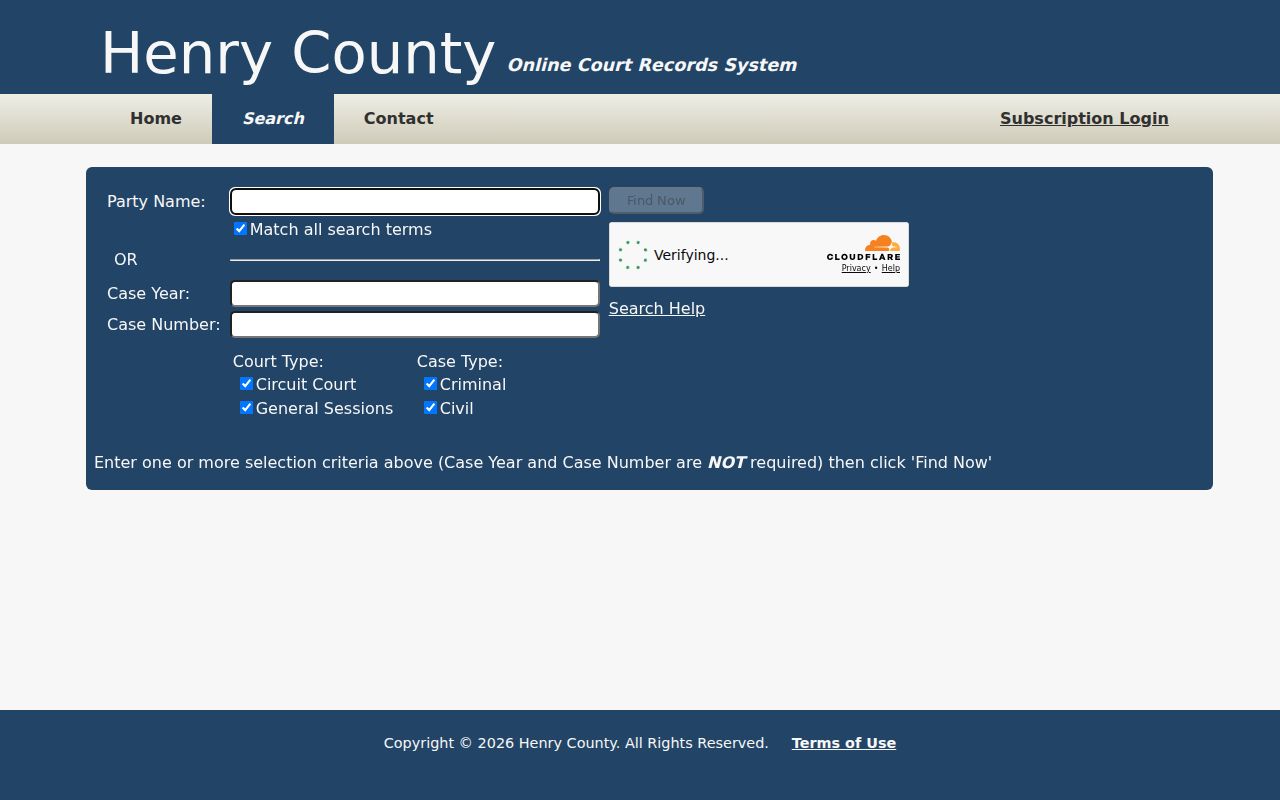 Henry County docket search form and case filters