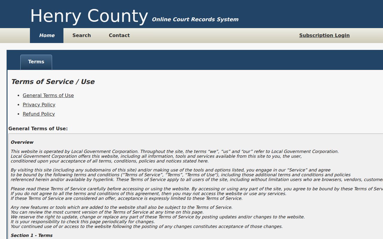Henry County docket search terms and accuracy notice