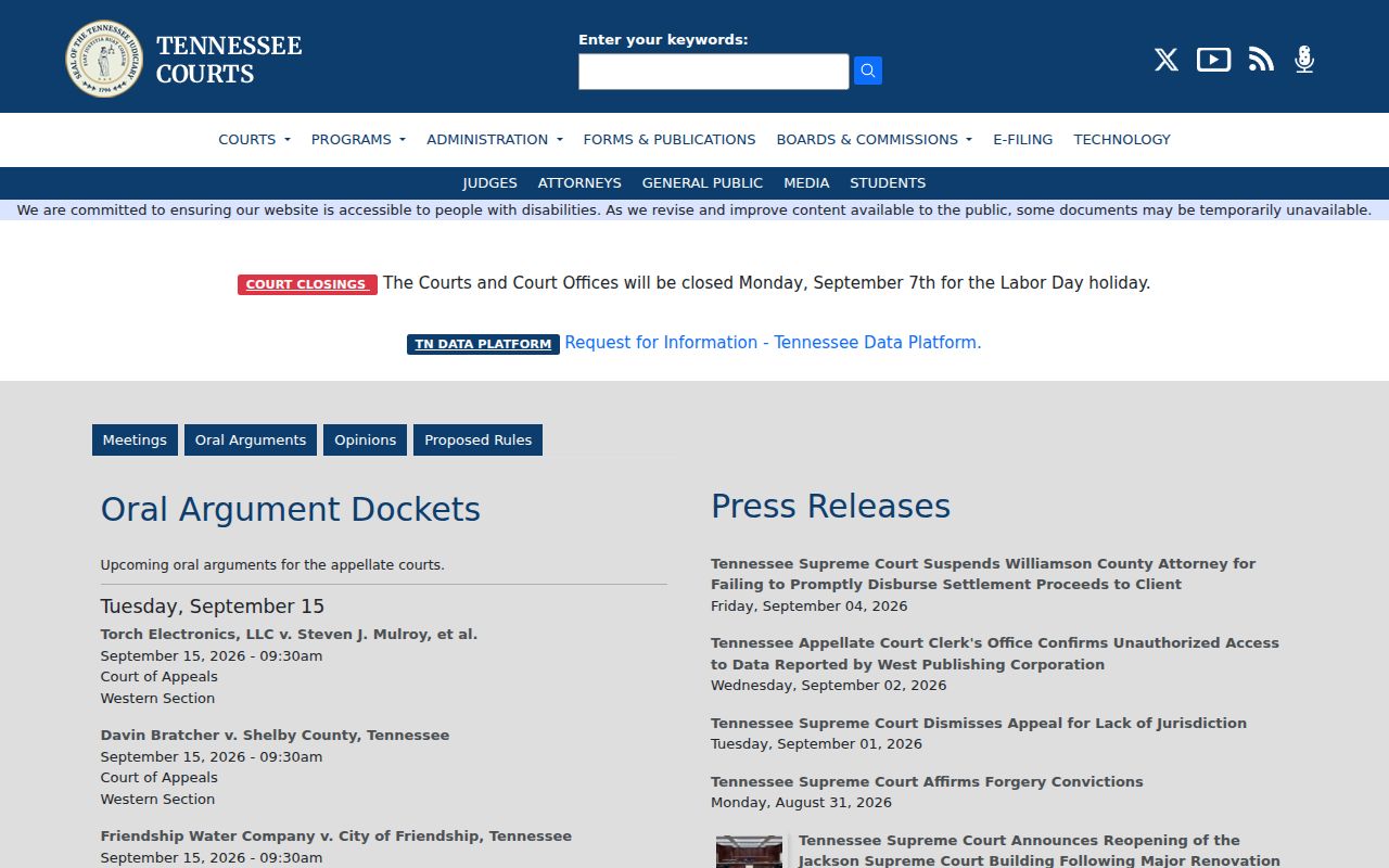 Tennessee judiciary public information used for Puryear court record routing